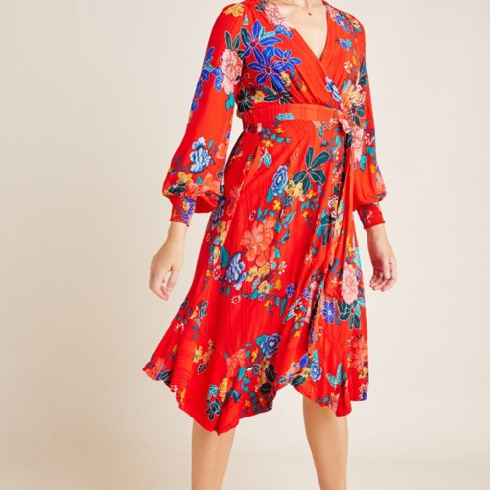 Anthropologie Boswell Wrap Dress - Red Floral